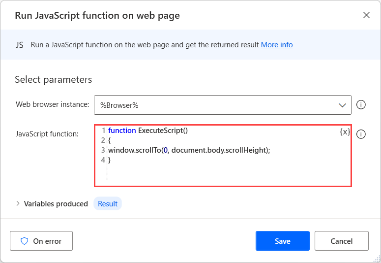 具有 scrollHeight 属性的“在网页上执行 Javascript 函数”操作的屏幕截图。