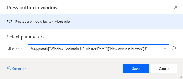 “按下窗口中的按钮”的屏幕截图，其中 UI 元素字段设置为“新建地址”按钮。