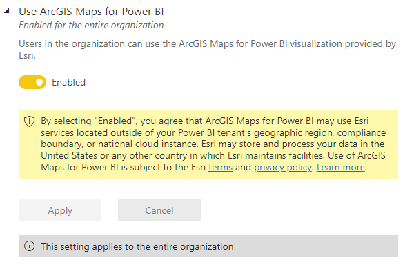 “使用 ArcGIS Maps for Power BI”管理员设置的屏幕截图。
