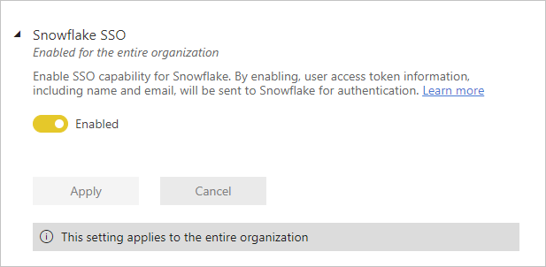 Snowflake (SSO) 租户开关的屏幕截图。