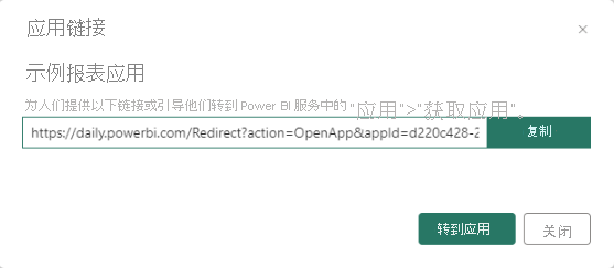 显示“复制应用”链接和“关闭”的屏幕截图。