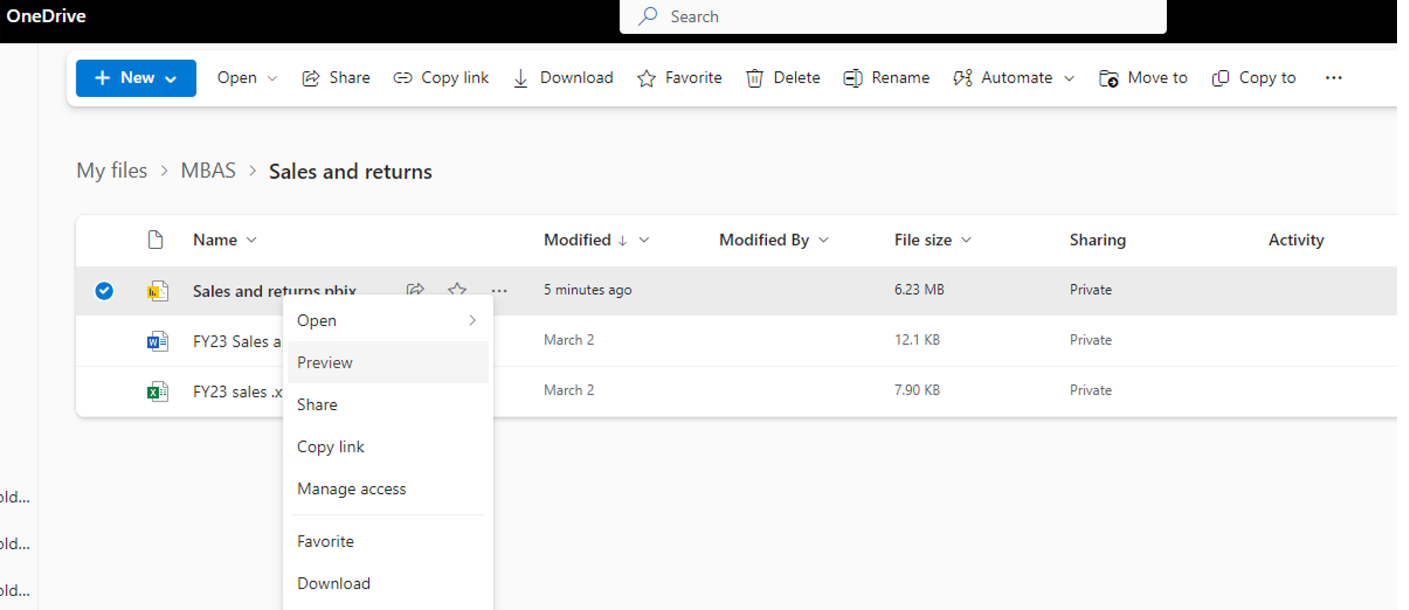 选择 Power BI 文件以将其打开的屏幕截图。