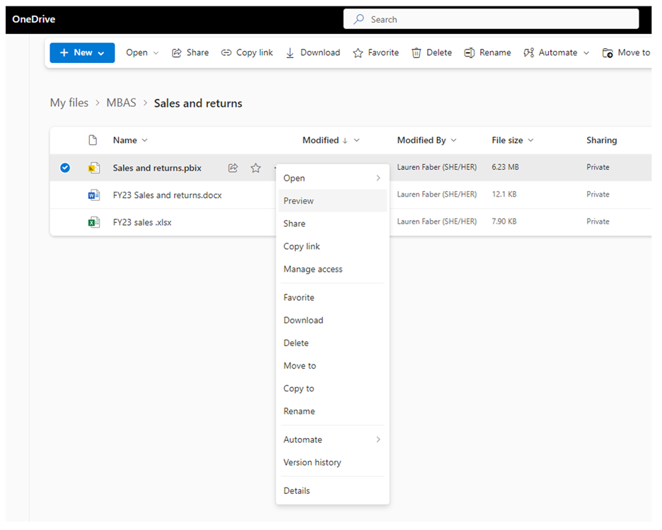 在 OneDrive 和 SharePoint 中打开 Power BI 文件预览的屏幕截图。