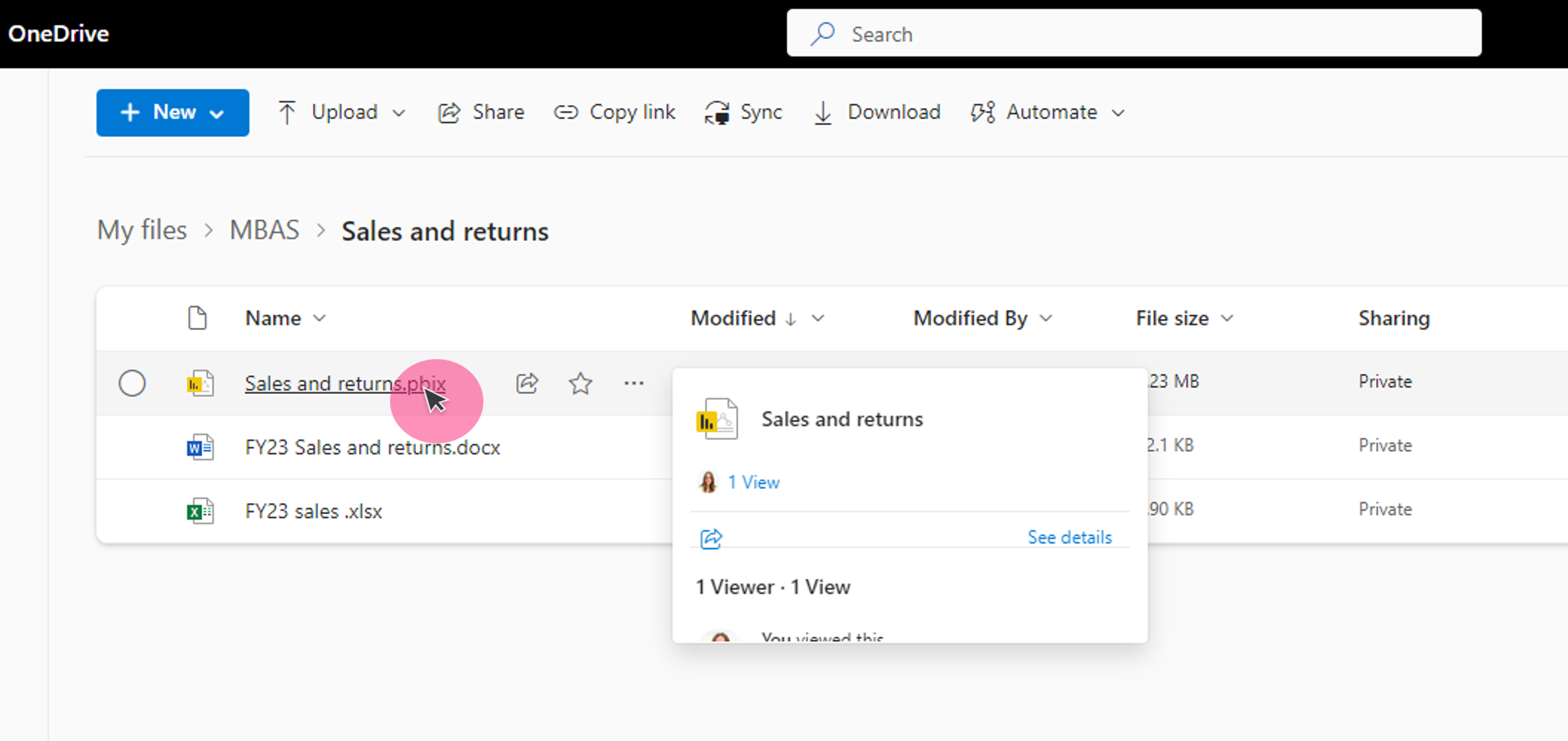 包含 Power BI 文件的 SharePoint 库的屏幕截图。