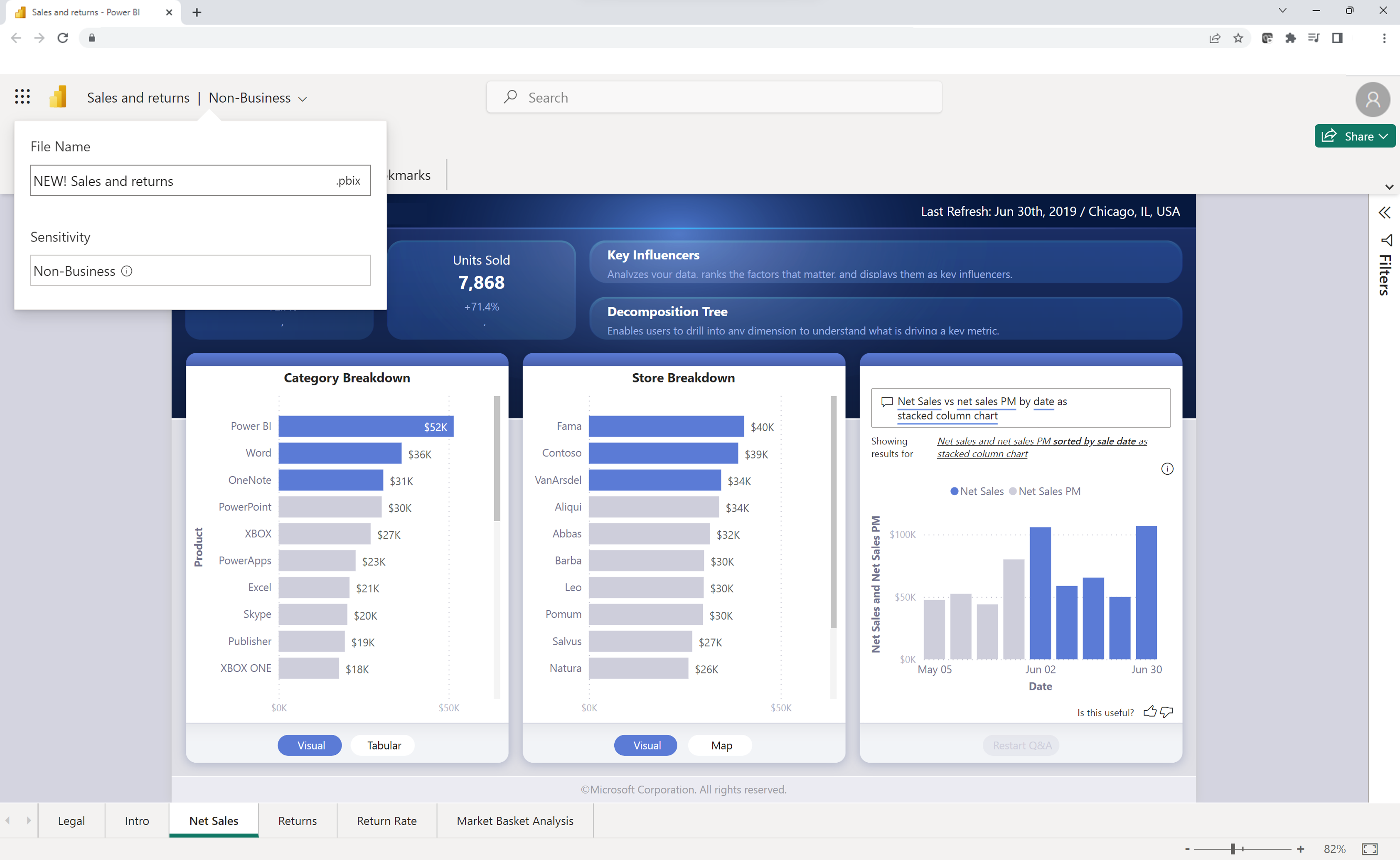 键入 Power BI 文件新名称的屏幕截图。