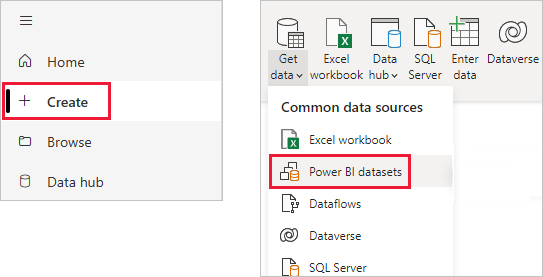 屏幕截图显示如何连接到 Power BI 服务和 Power BI Desktop 中的现有数据集。