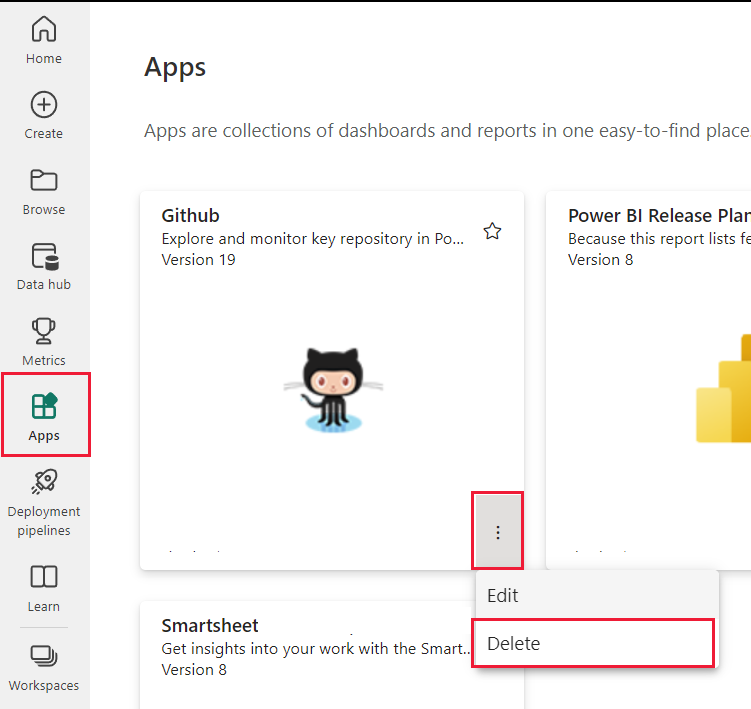 Screenshot of the GitHub app tile with apps, more options, and delete highlighted.