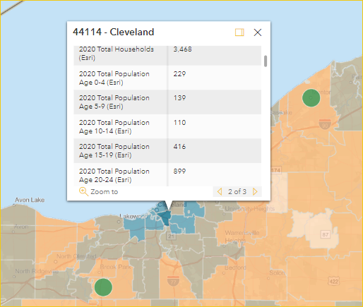 Screenshot of a tooltip for Cleveland, OH, displaying total population breakdown by five-year increments.