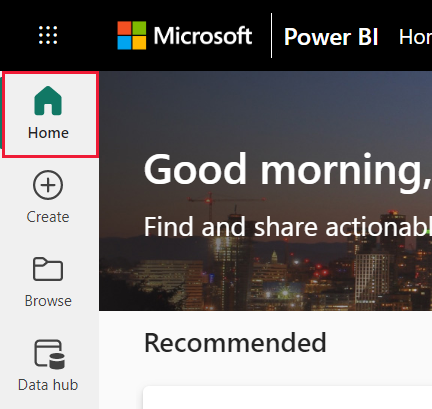 Power BI 服务导航窗格的屏幕截图，其中选择了“主页”。