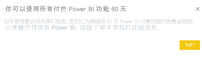 显示 Power BI Pro 免费试用版对话框的屏幕截图。