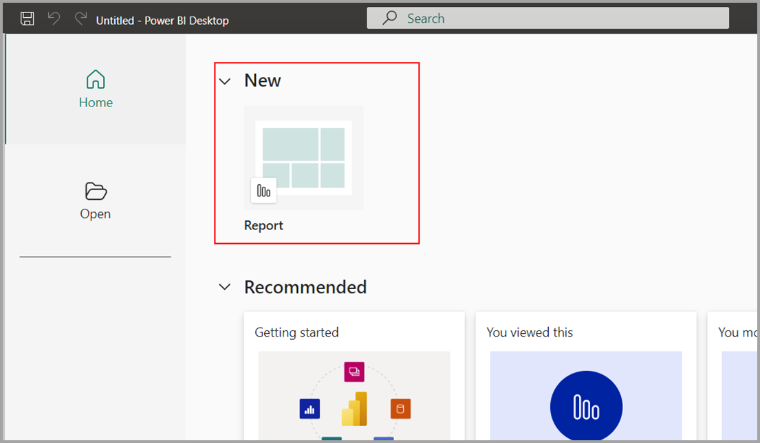Screenshot of creating a new report in Power BI Desktop home.