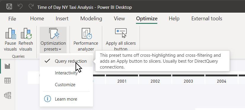 Screen shot of optimization presets menu items on the ribbon.