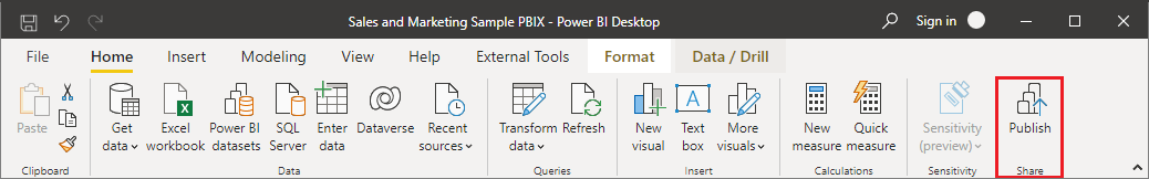 Power BI 主页功能区的屏幕截图，其中突出显示了“发布”。