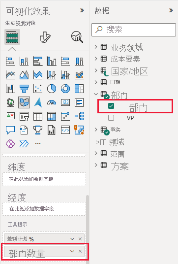 Screenshot shows the Visualization pane with Department added to the tooltip.