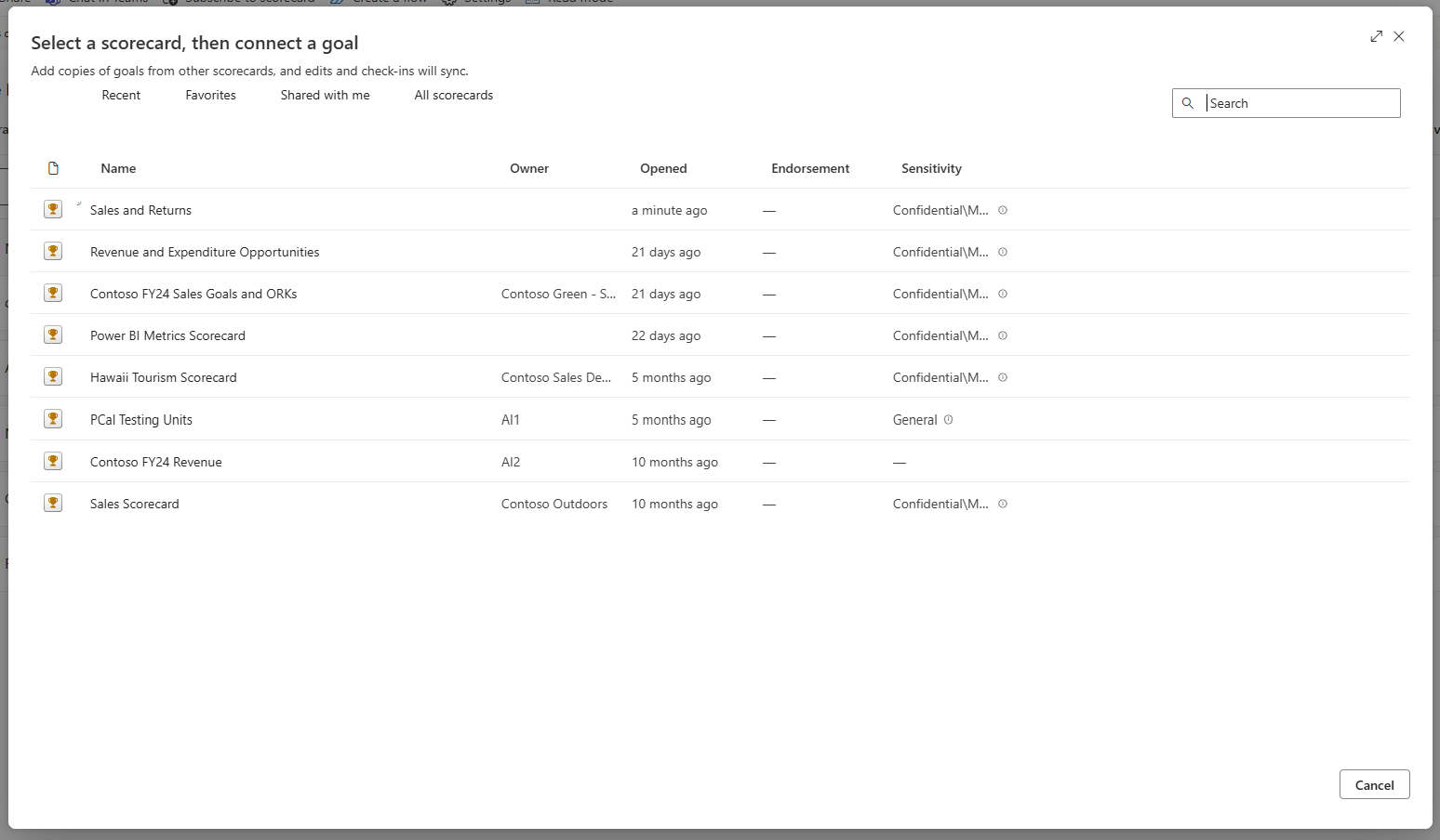 显示记分卡列表的屏幕截图。