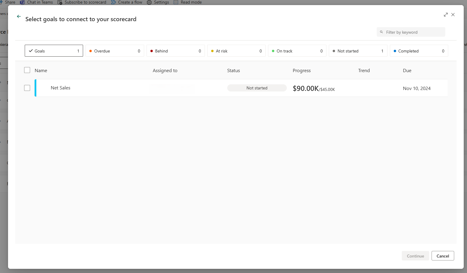 选择要链接的指标的屏幕截图。