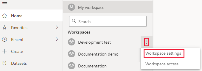Screenshot of the Power BI service, with the More menu of a workspace expanded. On that menu, the ellipsis and Workspace settings are highlighted.