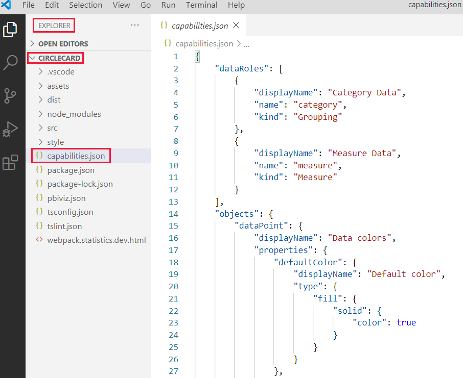 在 VS Code 中访问 capabilities.json 文件的屏幕截图。