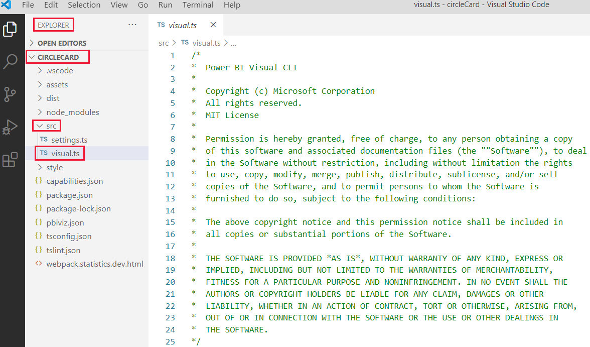在 VS Code 中访问 visual.ts 文件的屏幕截图。