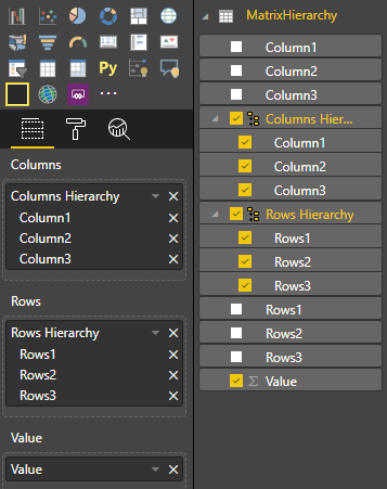 Screenshot shows the MatrixHierarchy with the columns and rows hierarchy and their members selected.