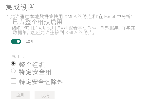 允许使用 XMLA 终结点的集成设置。