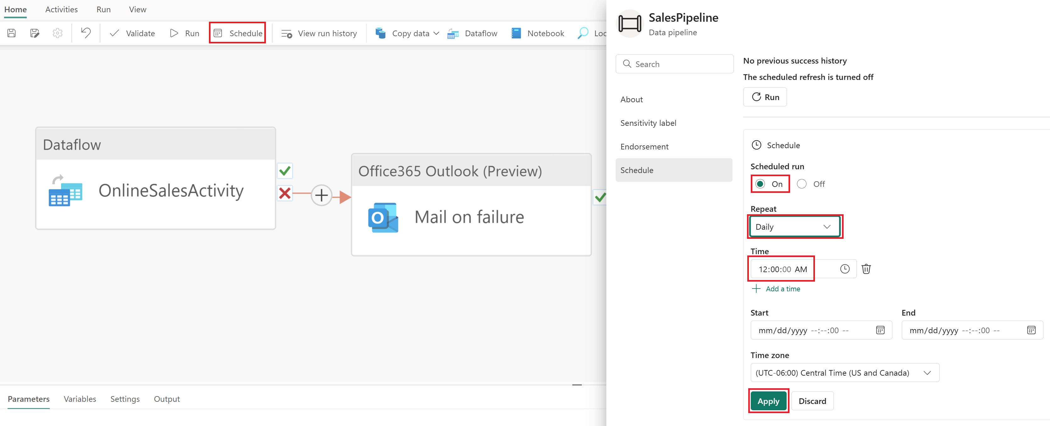 失败时分支的屏幕截图。