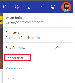 Screenshot of your account screen with Cancel trial selected.