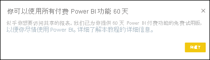 Screenshot of Power BI service showing Power BI trial dialog.
