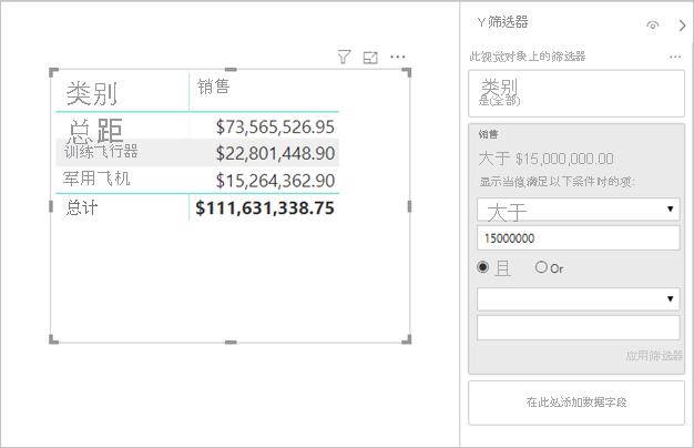 Power BI Desktop 的屏幕截图，其中显示了已应用筛选器的表格数据。