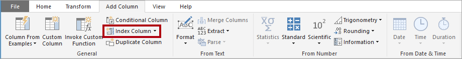 图像显示 Power Query 编辑器中的创建索引列命令。