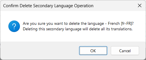 Screenshot shows the Confirm Delete Secondary Language Operation dialog box.