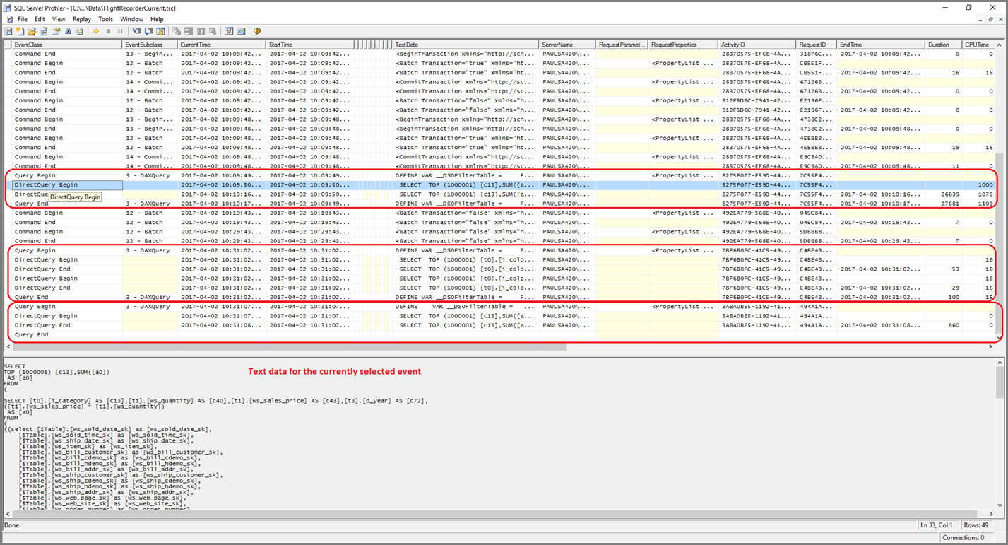 具有 Query Begin 和 Query End 事件的 SQL Server Profiler 的屏幕截图。