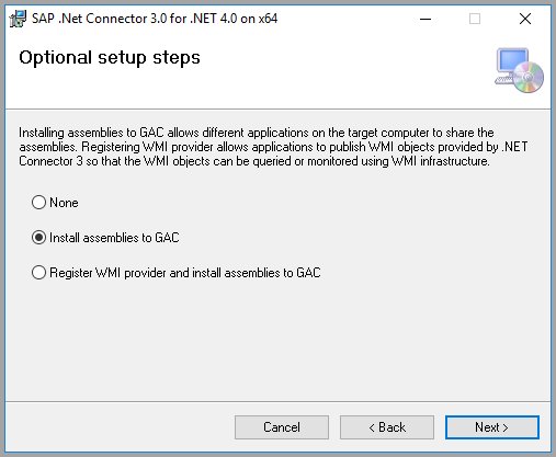 SAP 可选安装步骤的屏幕截图，其中选择了“将程序集安装到 GAC”。