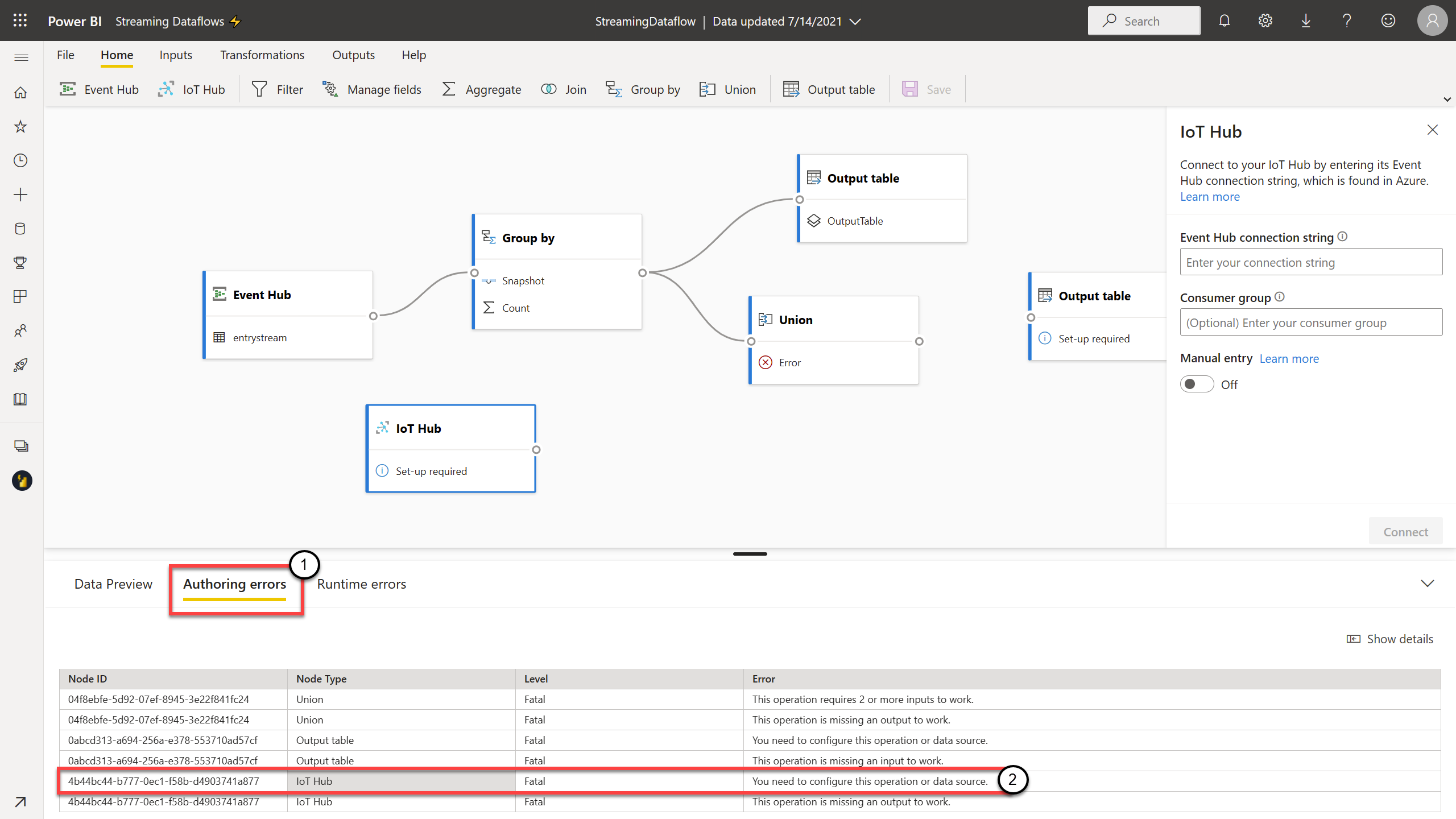 Screenshot that shows a list of authoring errors.