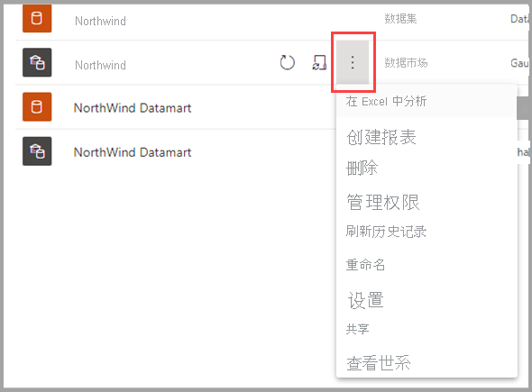 Screenshot of the datamart context menu.