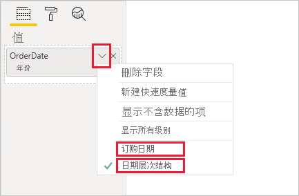 屏幕截图显示 OrderDate 层次结构的视觉区域配置示例。