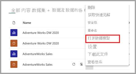 从更多选项菜单打开数据模型的屏幕截图。