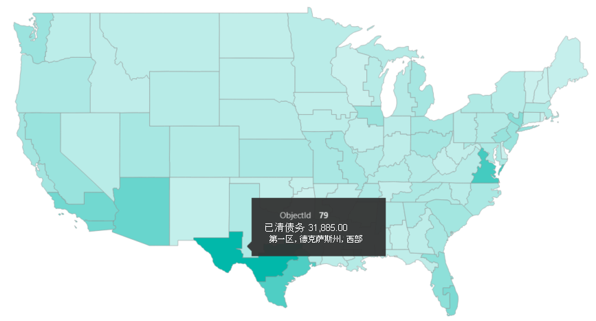 突出显示德克萨斯州的自定义形状地图的屏幕截图。