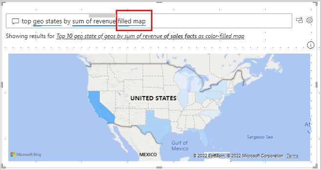 Screenshot that shows the Q&A visual converted to a filled map on the report canvas.