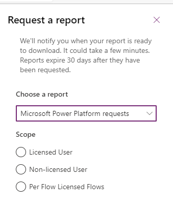 显示请求报告的下拉菜单 Power Platform 的屏幕截图。