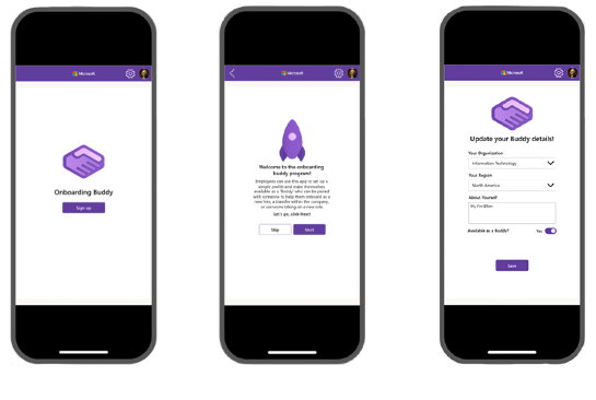 三个介绍性 Onboarding Buddy 应用程序屏幕截图。
