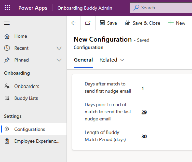 Onboarding Buddy 管理应用程序中三个配置选项的屏幕截图。