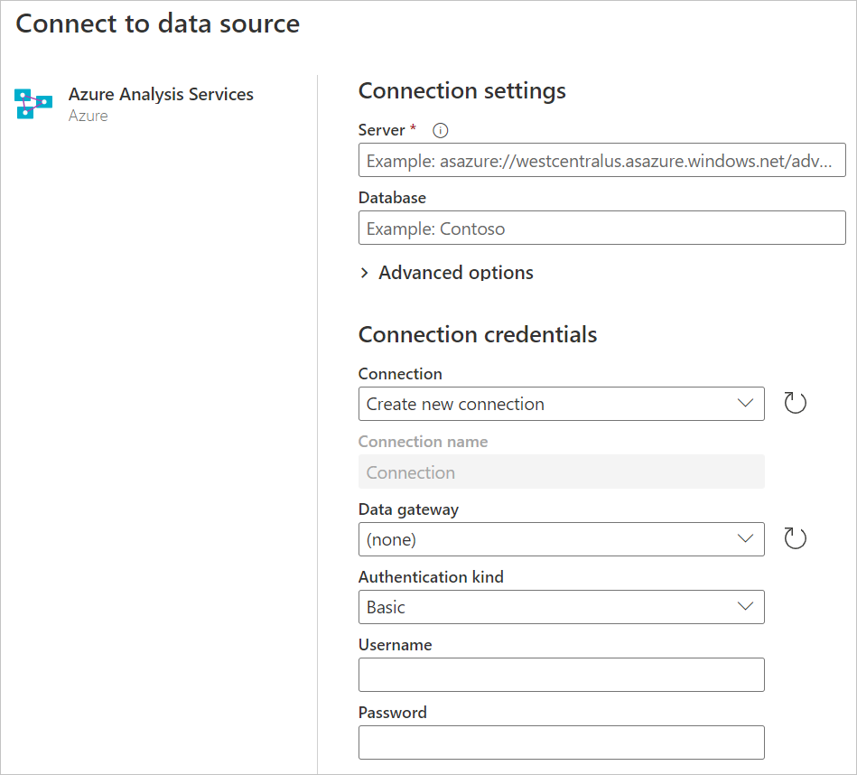 Power Query Online 中的 Azure Analysis Services 数据库连接生成器。