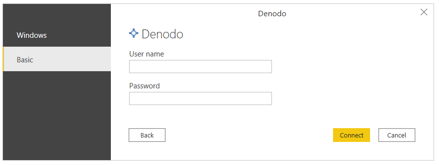 Power BI Desktop 中的 Denodo 基本身份验证。