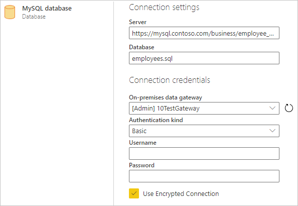 Screenshot of the Connection settings dialog with server and database sample entries filled in.