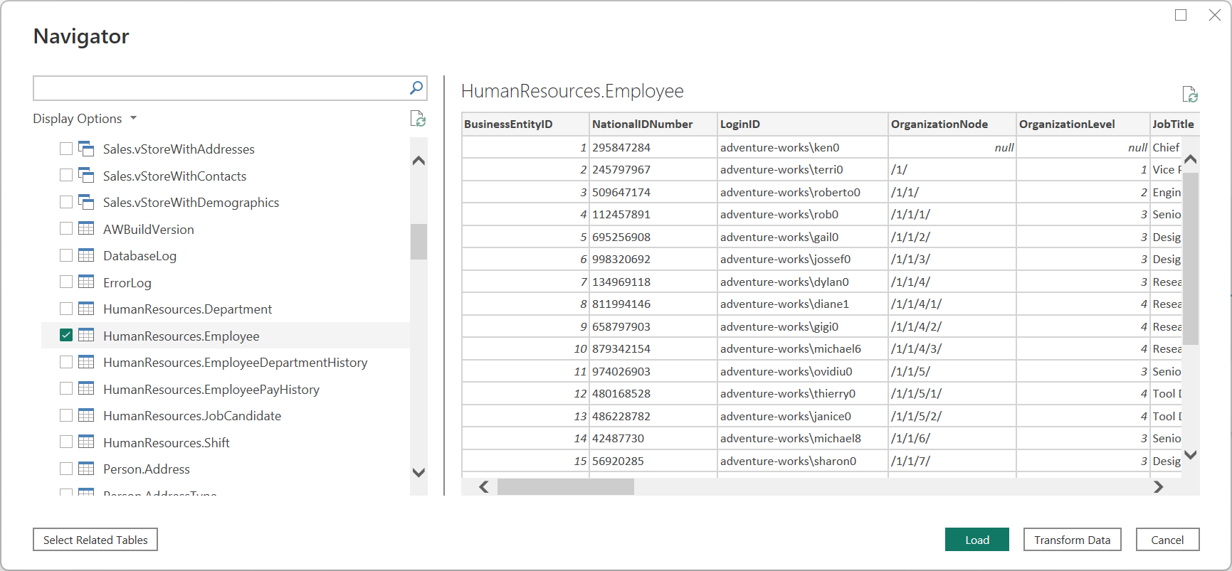 显示 PostgreSQL 数据库中的人力资源员工数据的 Power Query Desktop 导航器。