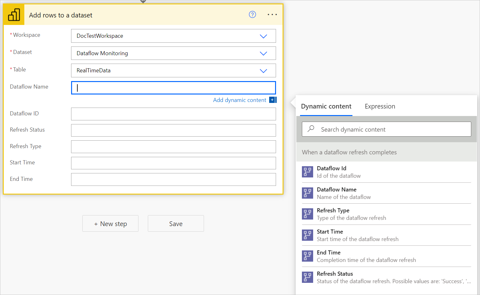 图像,其中显示已准备好选择动态内容的“向数据集添加行”连接器。