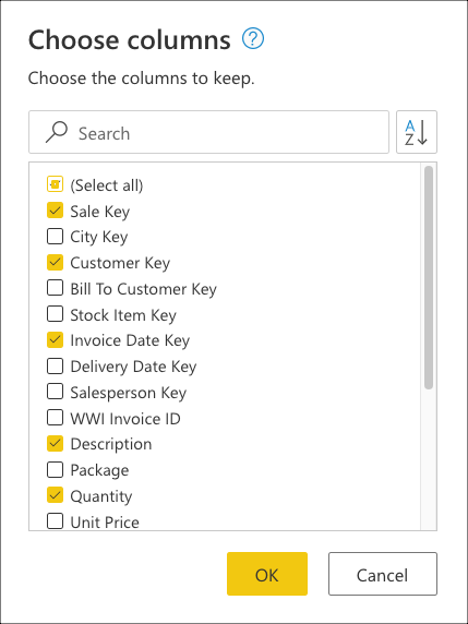 为无查询折叠示例选择“Sale Key”、“Customer Key”、“Invoice Date Key”、“Description”和“Quantity”列。