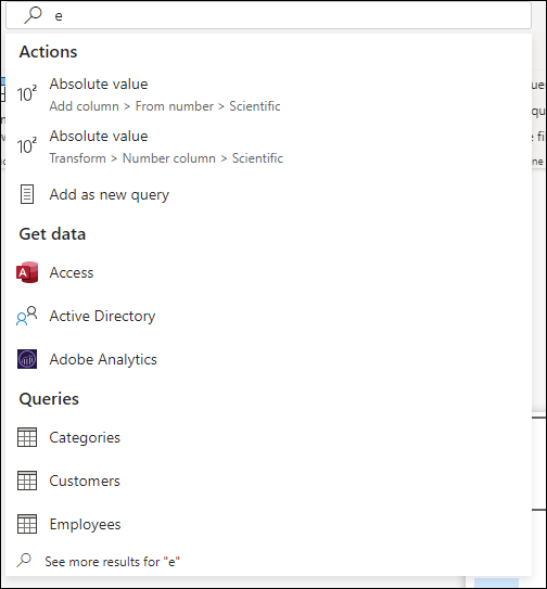 全局搜索框中要搜索的查询结果的屏幕截图，其中要搜索的字符串是字母 e。