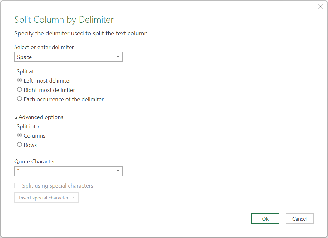 Power Query Desktop 中“拆分列”对话框的屏幕截图，其中分隔符拆分为列。
